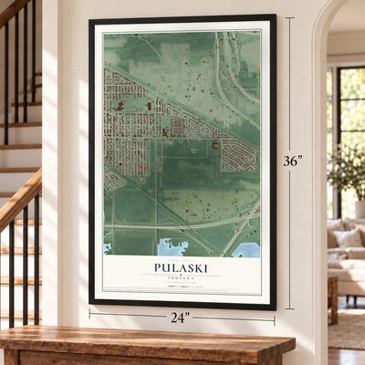 Pulaski, Gary, Indiana map, 24 x 36 inch print in a black frame by a staircase