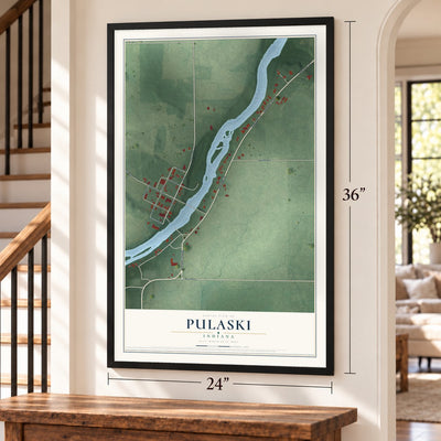 Pulaski, Indiana map, 24 x 36 inch print in a black frame by a staircase