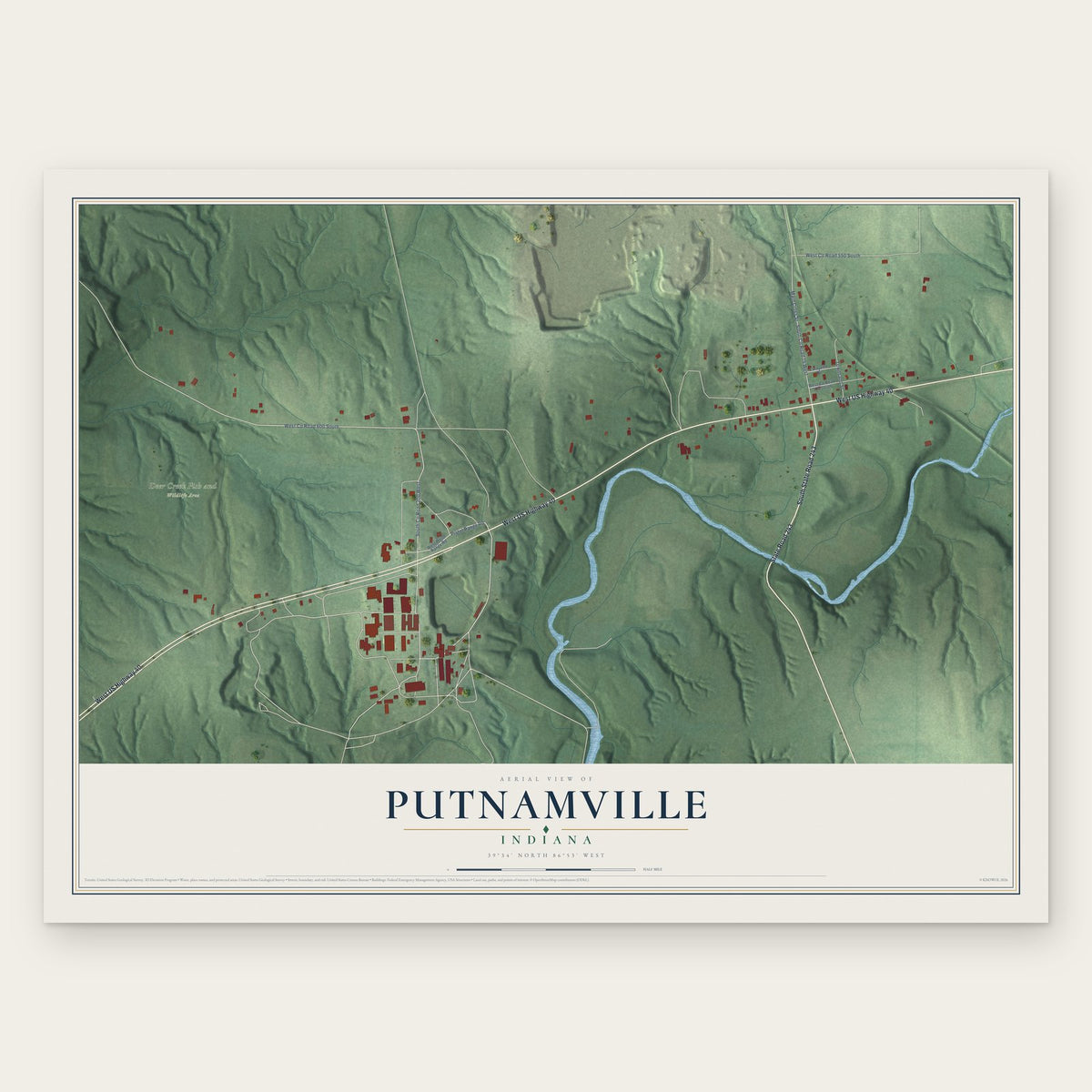 Putnamville, Indiana map print, the full design