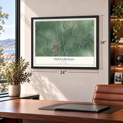 Putnamville, Indiana map, 18 x 24 inch print in a black frame in a home office