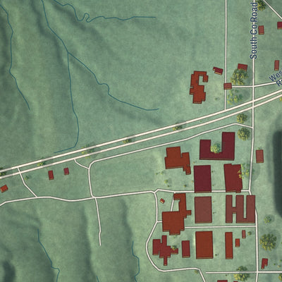 Close-up of the map of Putnamville, Indiana print showing street and building detail