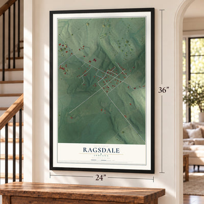 Ragsdale, Indiana map, 24 x 36 inch print in a black frame by a staircase