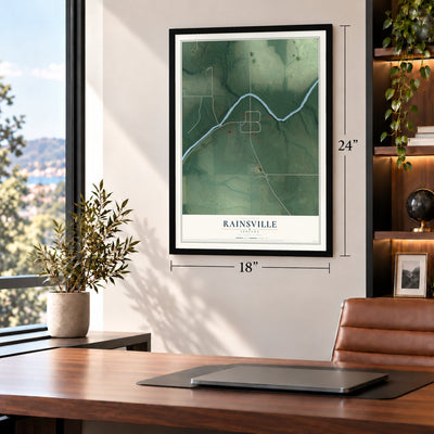 Rainsville, Indiana map, 18 x 24 inch print in a black frame in a home office