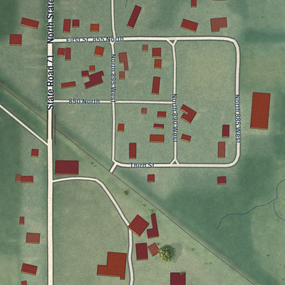 Close-up of the map of Raub, Indiana print showing street and building detail