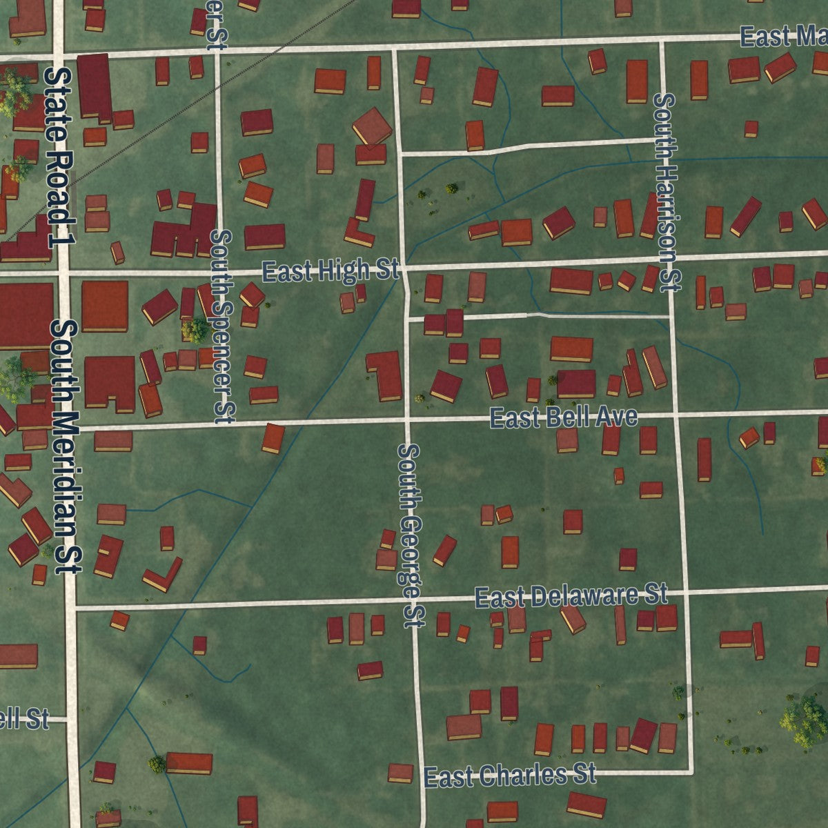 Second close-up of the map of Redkey, Indiana print showing more streets and buildings