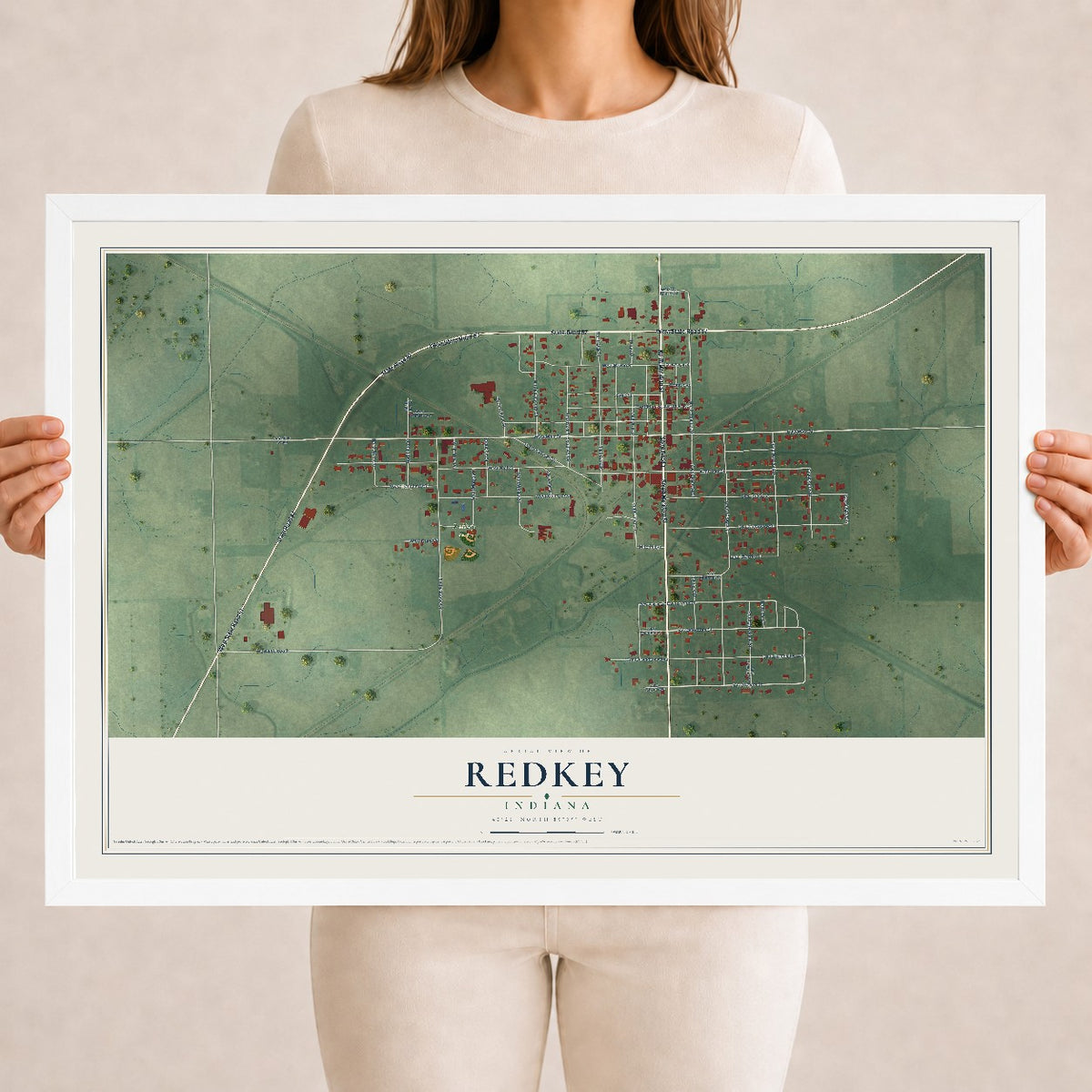 Map of Redkey, Indiana, 18 x 24 inch print in a white wood frame