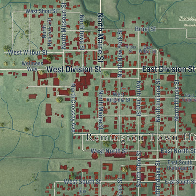 Close-up of the map of Remington, Indiana print showing street and building detail
