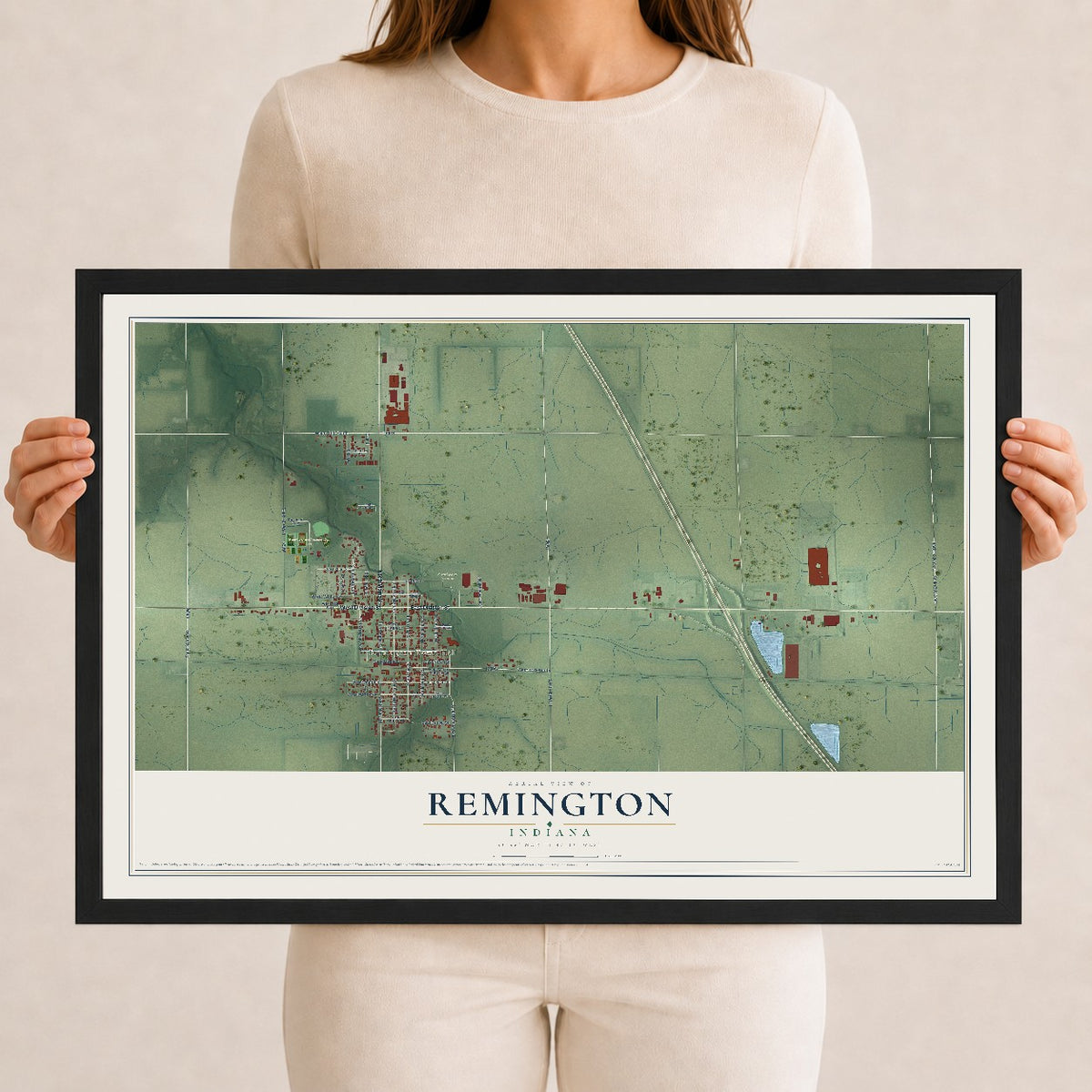 Map of Remington, Indiana, 12 x 18 inch print in a black wood frame