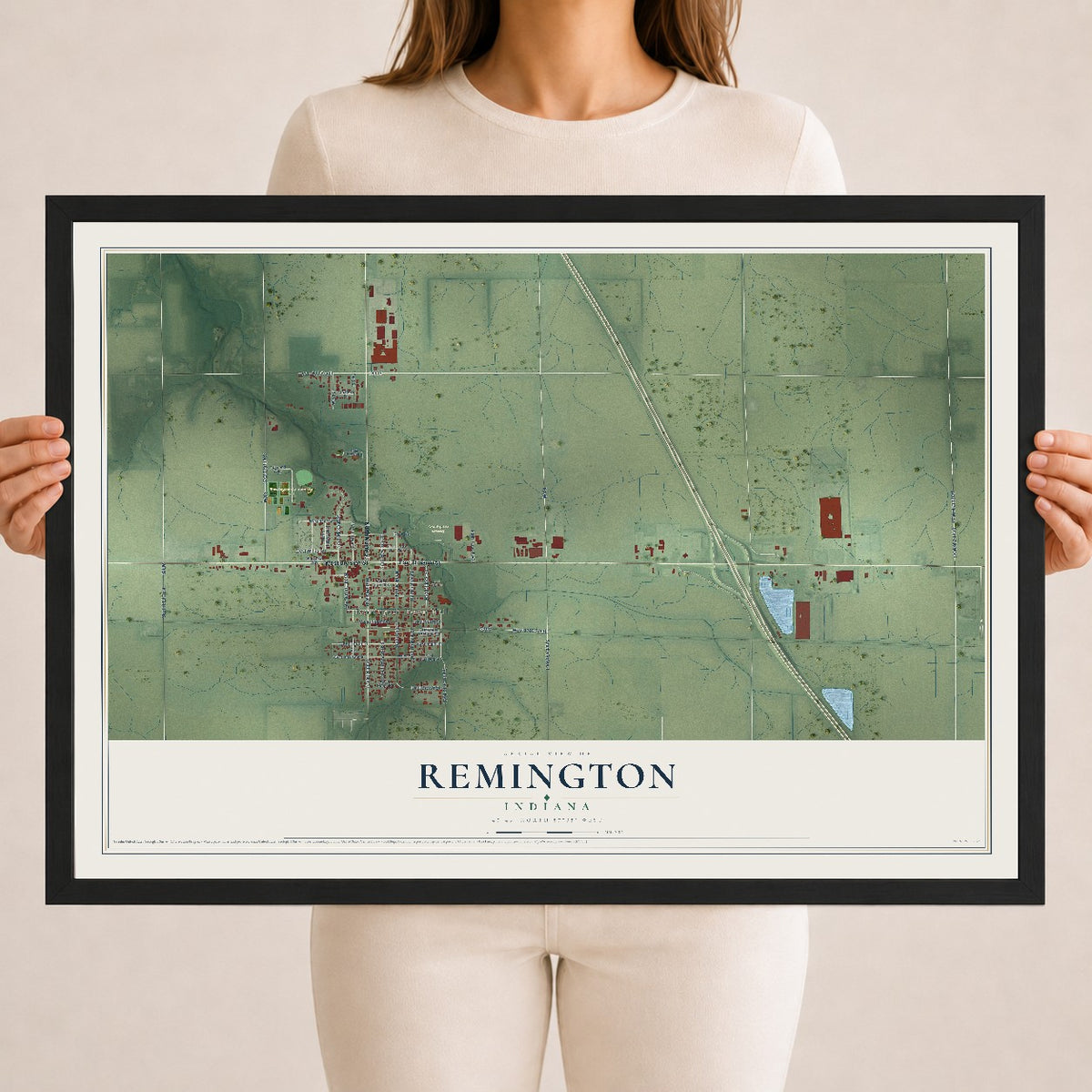 Map of Remington, Indiana, 18 x 24 inch print in a black wood frame