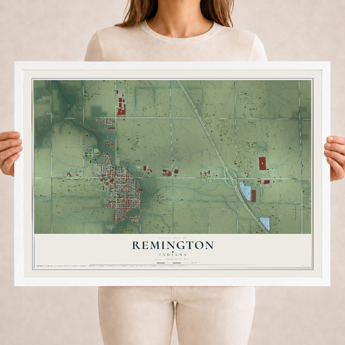 Map of Remington, Indiana, 18 x 24 inch print in a white wood frame