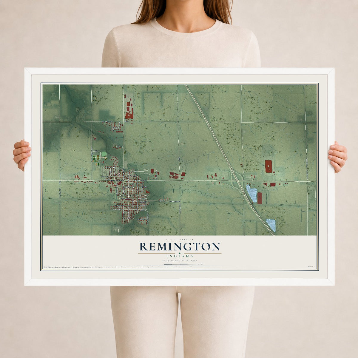 Map of Remington, Indiana, 24 x 36 inch print in a white wood frame