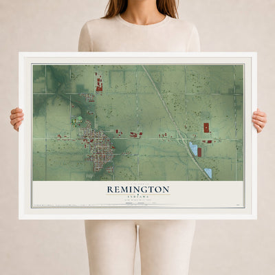 Map of Remington, Indiana, 24 x 36 inch print in a white wood frame