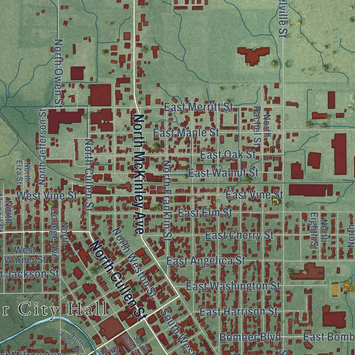 Close-up of the map of Rensselaer, Indiana print showing street and building detail