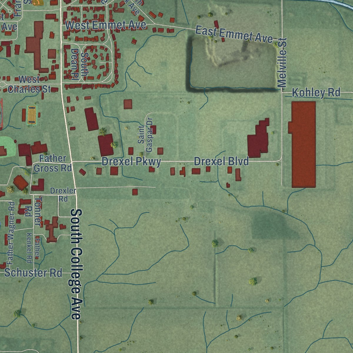 Second close-up of the map of Rensselaer, Indiana print showing more streets and buildings