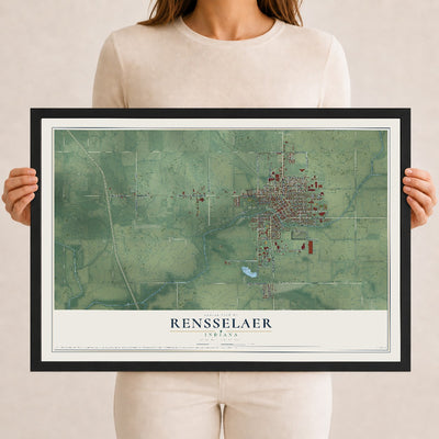 Map of Rensselaer, Indiana, 12 x 18 inch print in a black wood frame