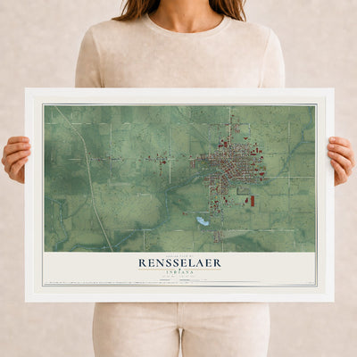 Map of Rensselaer, Indiana, 12 x 18 inch print in a white wood frame