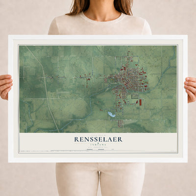 Map of Rensselaer, Indiana, 18 x 24 inch print in a white wood frame