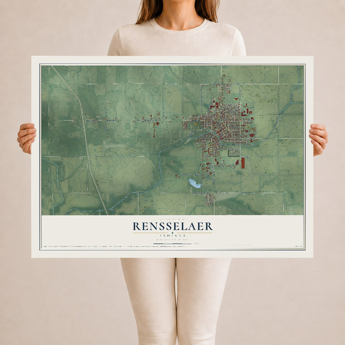 Map of Rensselaer, Indiana, 24 x 36 inch unframed archival matte print