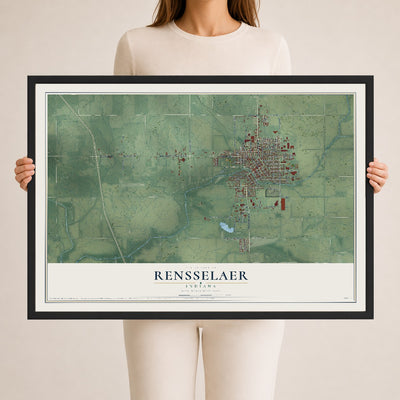 Map of Rensselaer, Indiana, 24 x 36 inch print in a black wood frame