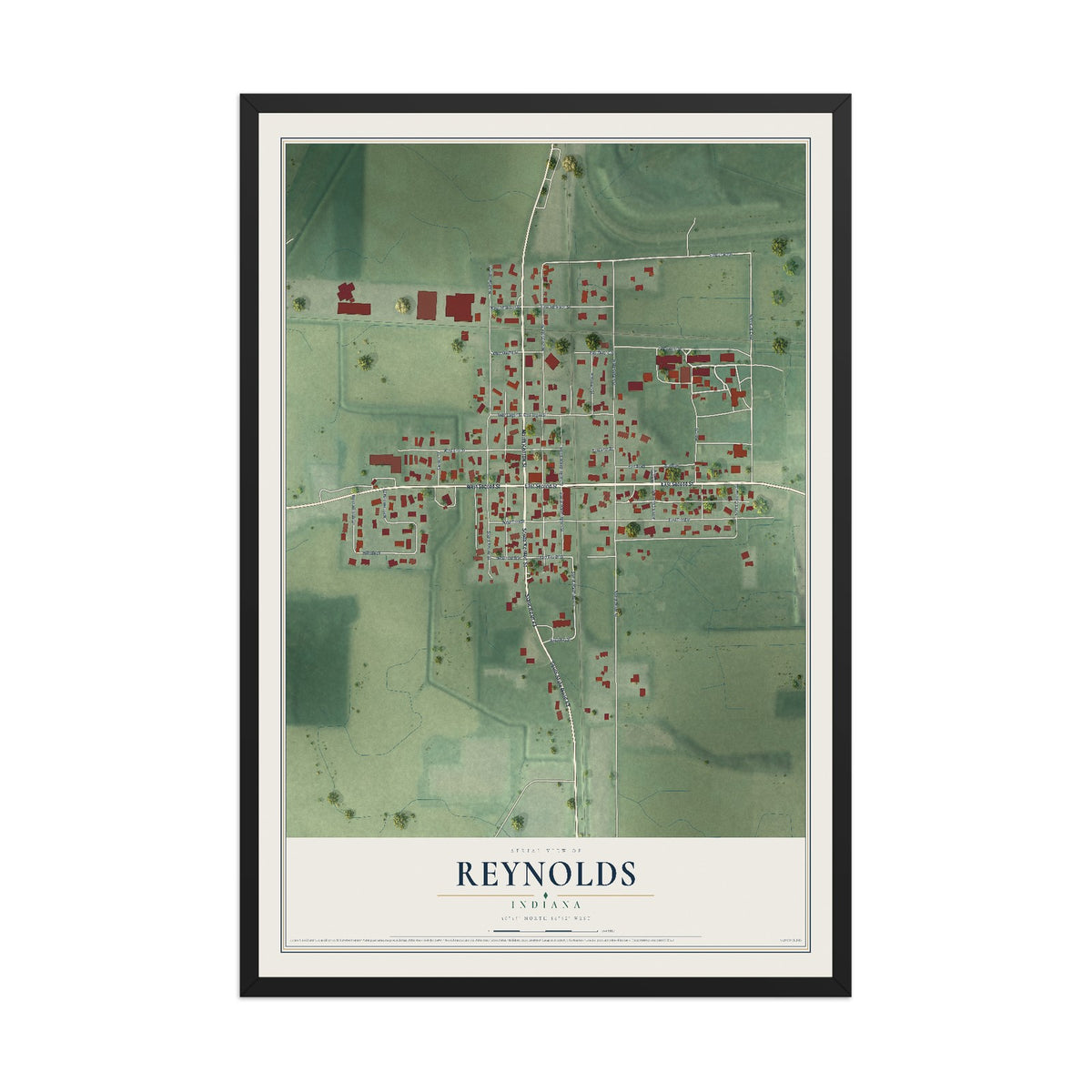 Map of Reynolds, Indiana, 12 x 18 inch print in a black wood frame