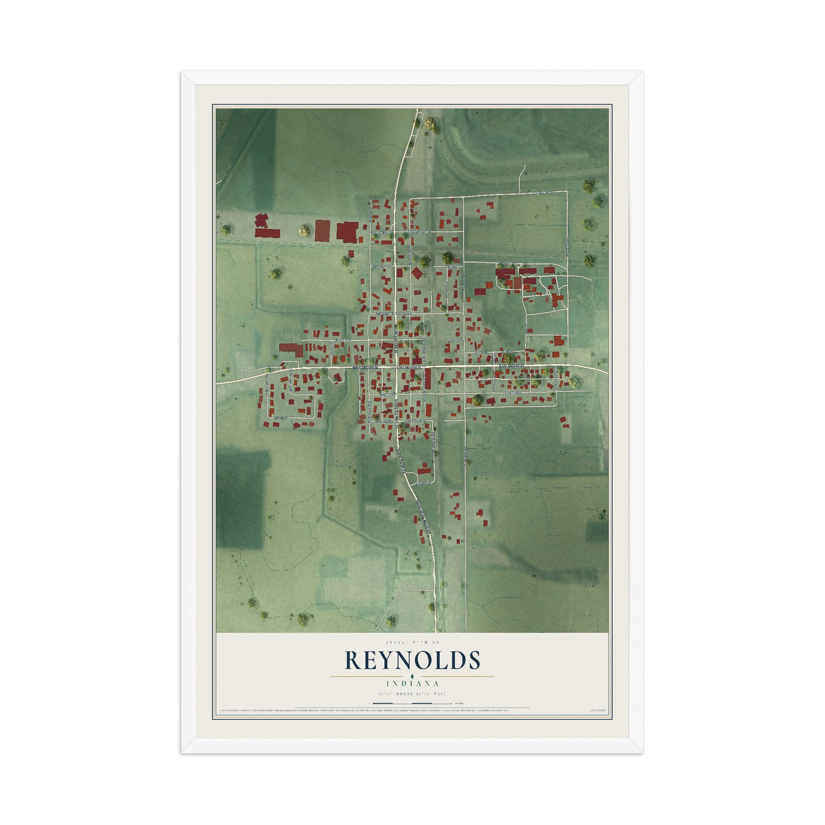 Map of Reynolds, Indiana, 12 x 18 inch print in a white wood frame