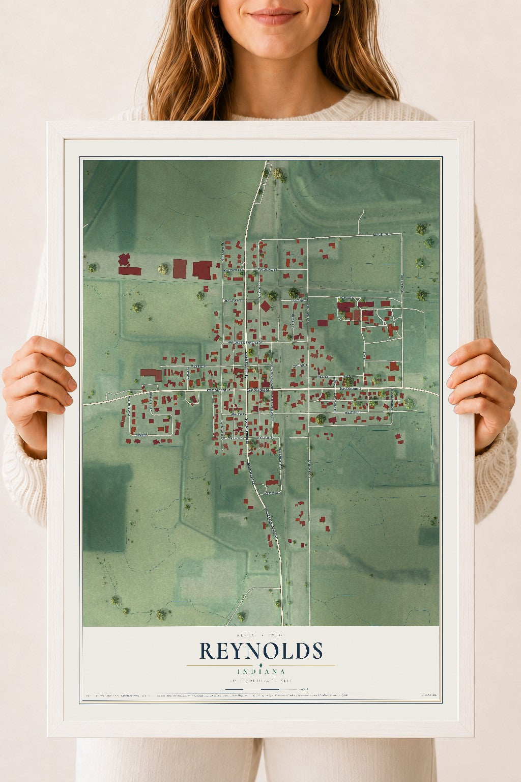 Map of Reynolds, Indiana, 18 x 24 inch print in a white wood frame