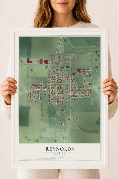 Map of Reynolds, Indiana, 18 x 24 inch print in a white wood frame