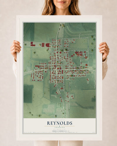 Map of Reynolds, Indiana, 24 x 36 inch print in a white wood frame