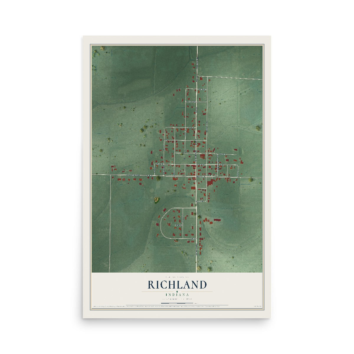 Map of Richland, Indiana, 12 x 18 inch unframed archival matte print