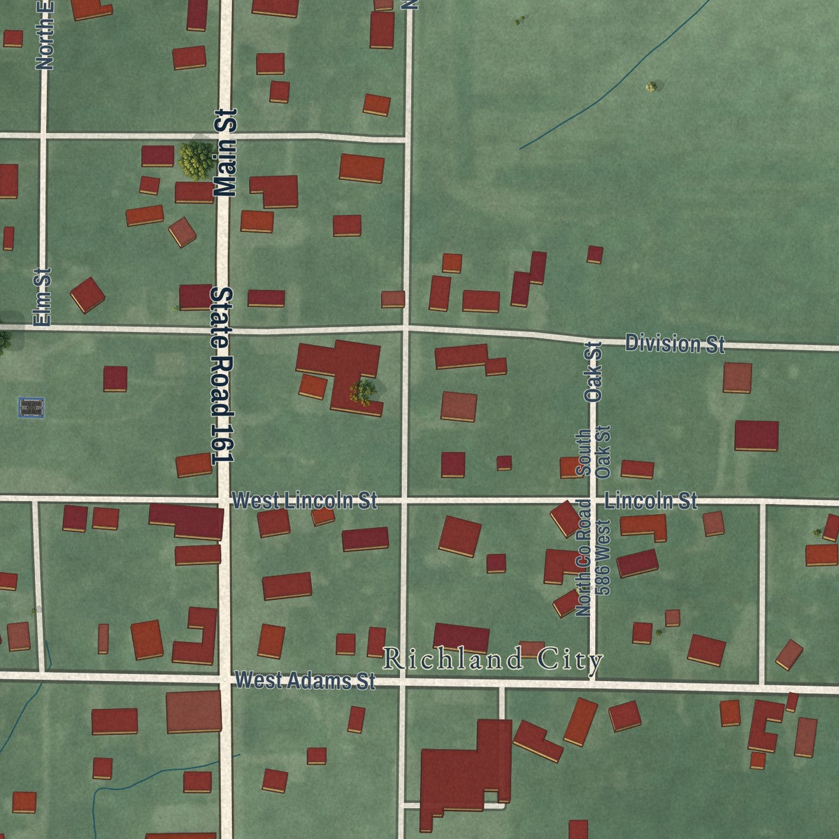 Close-up of the map of Richland, Indiana print showing street and building detail