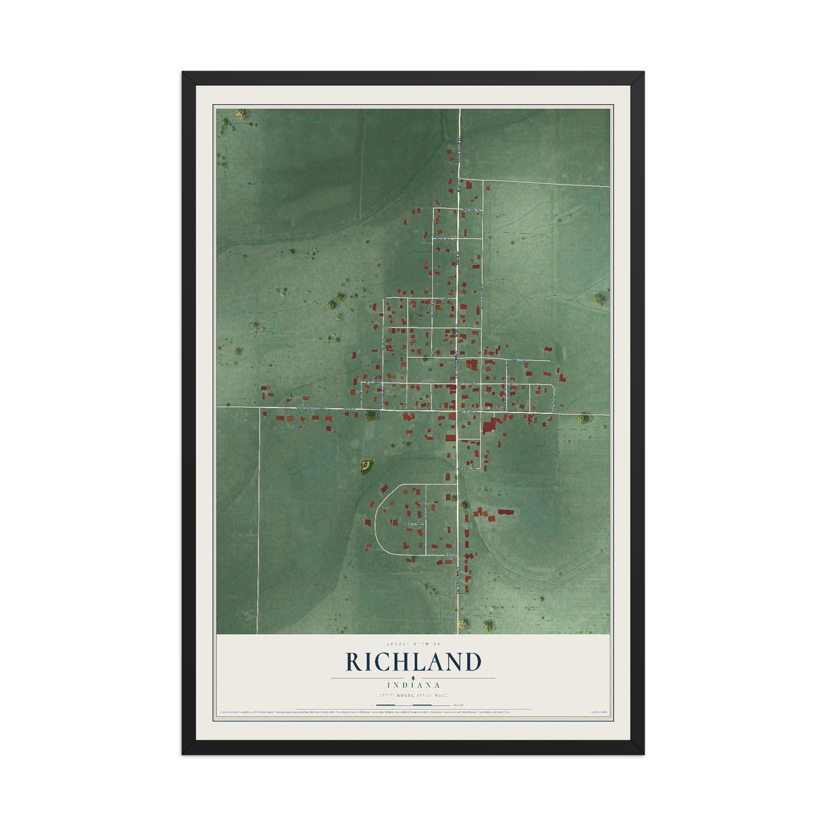 Map of Richland, Indiana, 12 x 18 inch print in a black wood frame
