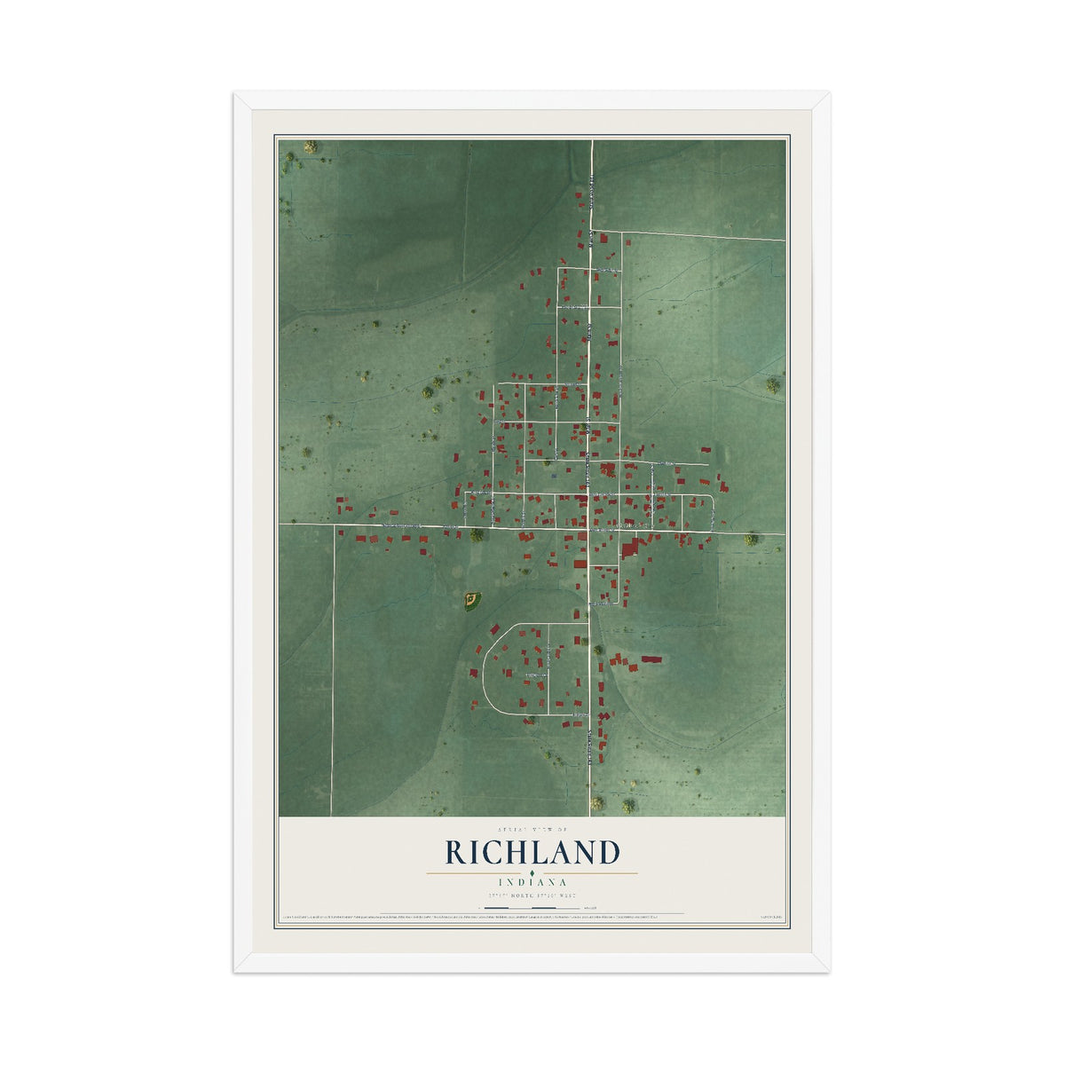 Map of Richland, Indiana, 12 x 18 inch print in a white wood frame