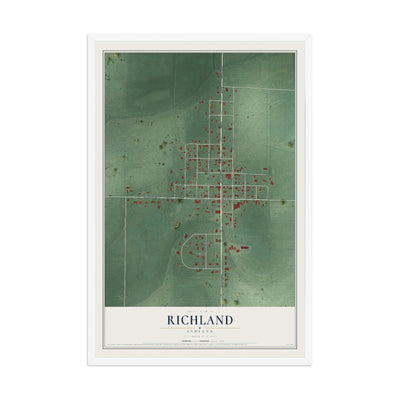 Map of Richland, Indiana, 12 x 18 inch print in a white wood frame