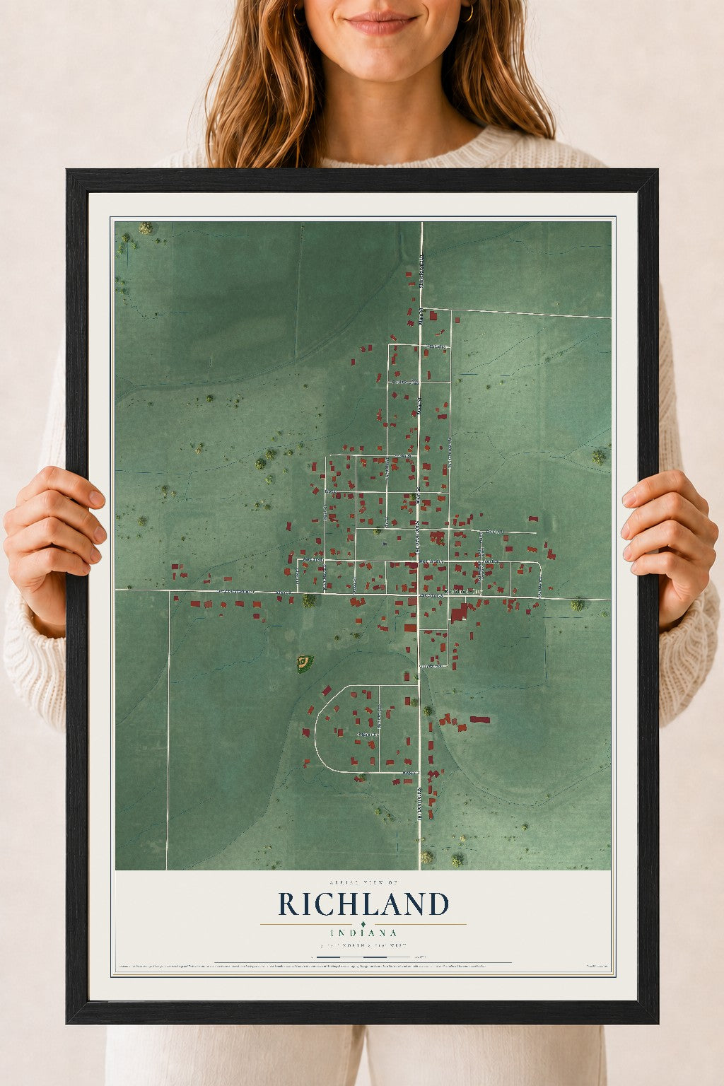 Map of Richland, Indiana, 18 x 24 inch print in a black wood frame