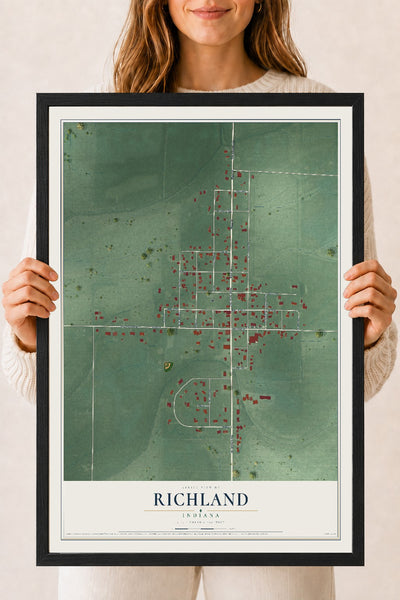 Map of Richland, Indiana, 18 x 24 inch print in a black wood frame