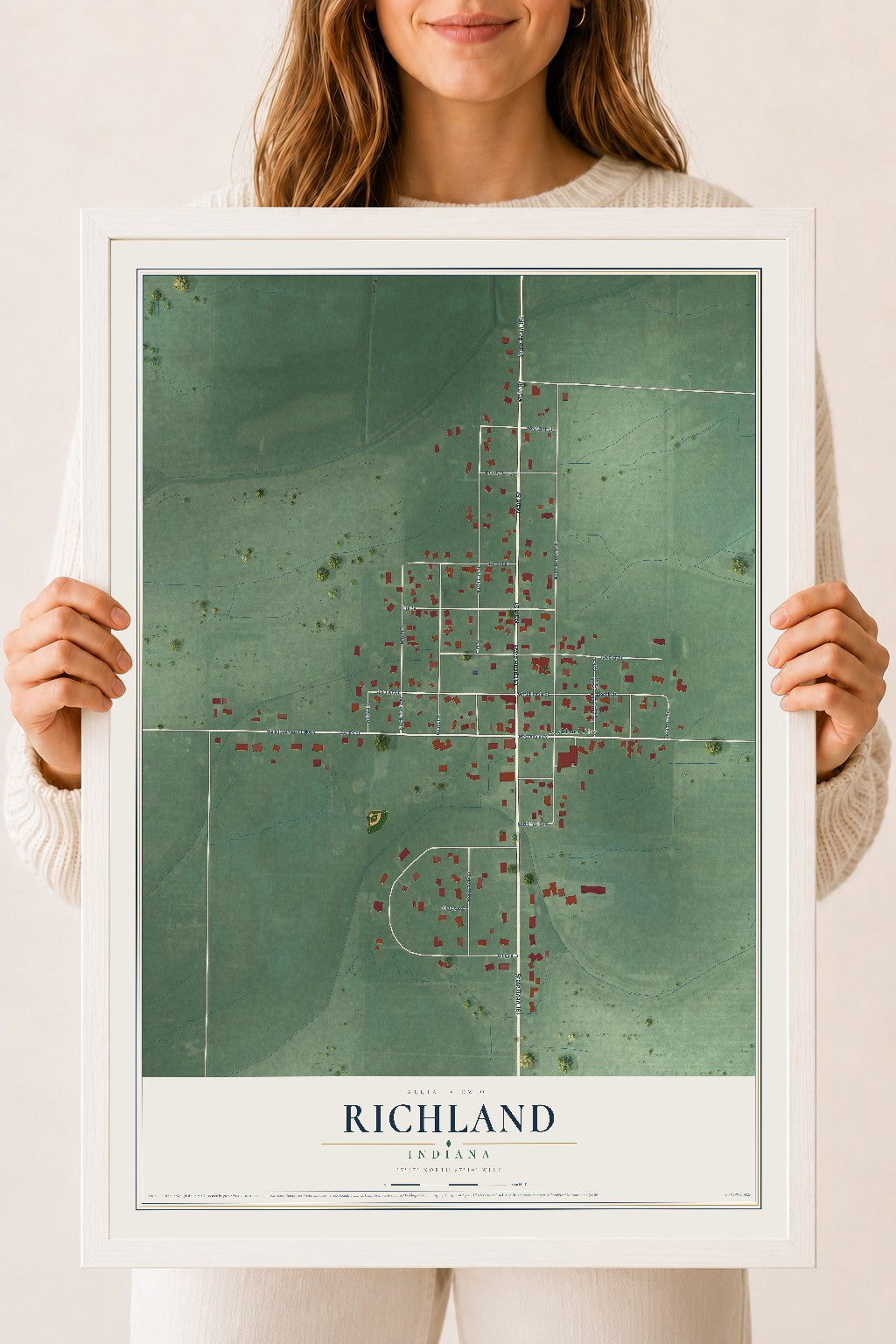 Map of Richland, Indiana, 18 x 24 inch print in a white wood frame