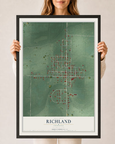 Map of Richland, Indiana, 24 x 36 inch print in a black wood frame