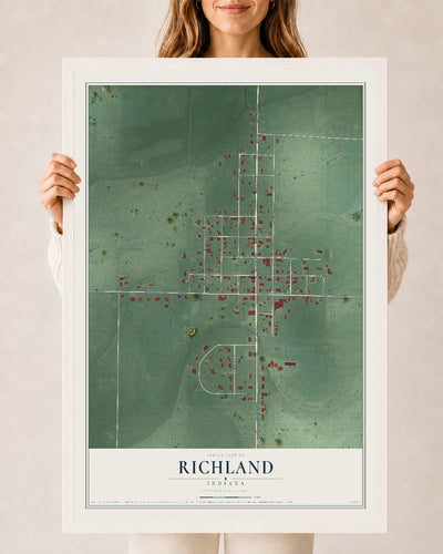 Map of Richland, Indiana, 24 x 36 inch print in a white wood frame