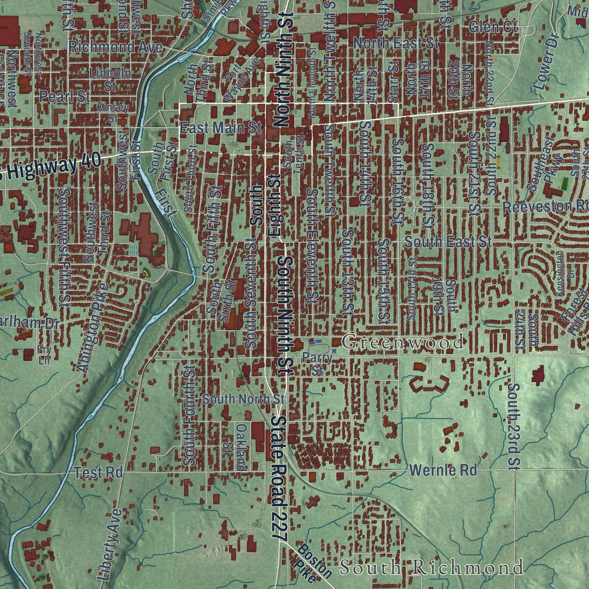 Close-up of the map of Richmond, Indiana print showing street and building detail