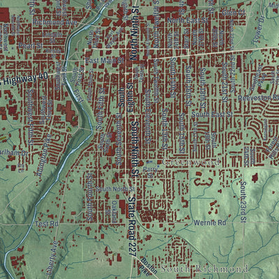 Close-up of the map of Richmond, Indiana print showing street and building detail