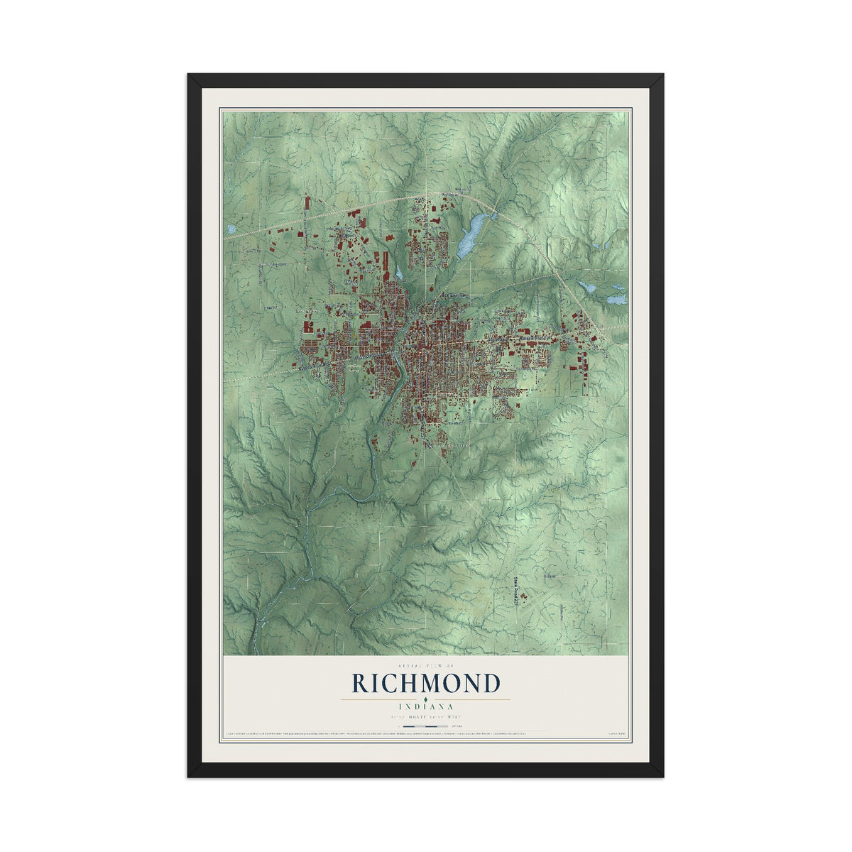 Map of Richmond, Indiana, 12 x 18 inch print in a black wood frame