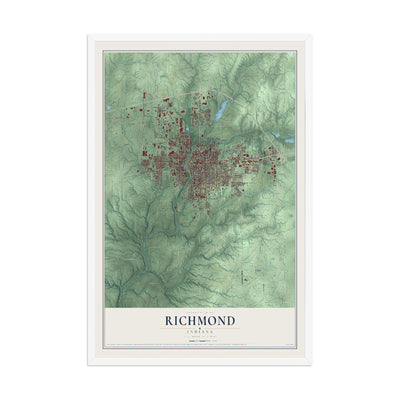 Map of Richmond, Indiana, 12 x 18 inch print in a white wood frame