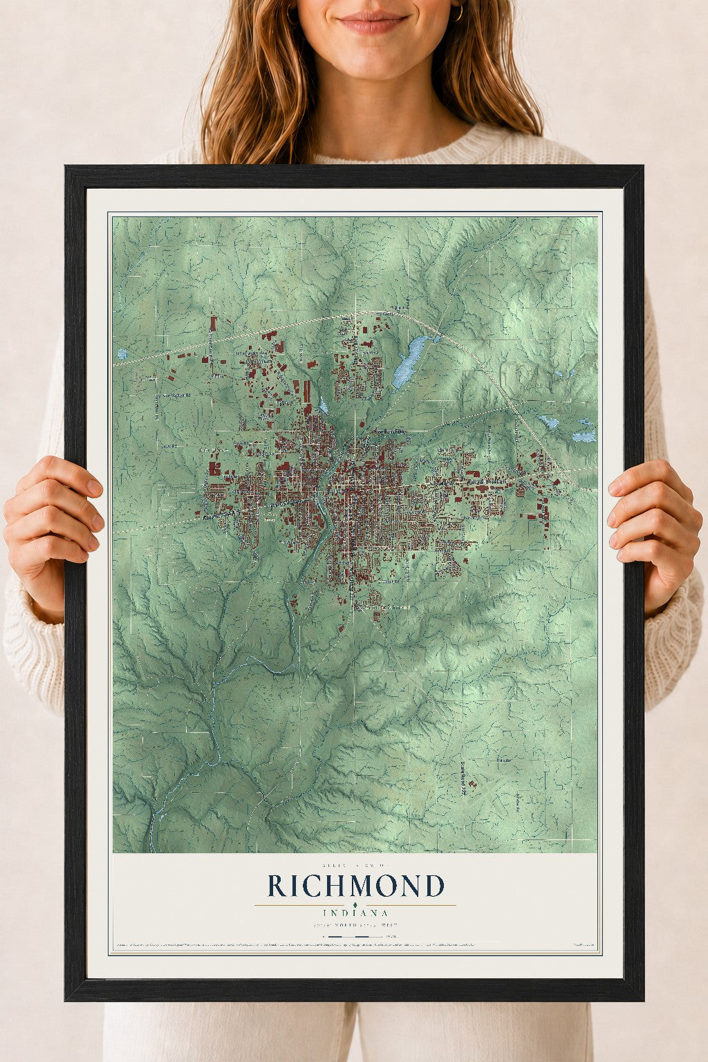 Map of Richmond, Indiana, 18 x 24 inch print in a black wood frame