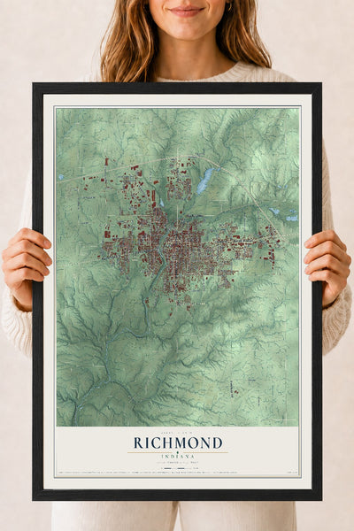 Map of Richmond, Indiana, 18 x 24 inch print in a black wood frame