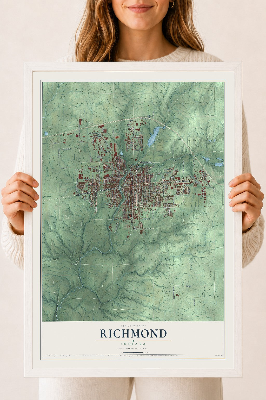 Map of Richmond, Indiana, 18 x 24 inch print in a white wood frame
