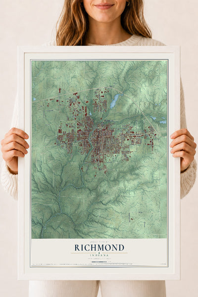 Map of Richmond, Indiana, 18 x 24 inch print in a white wood frame