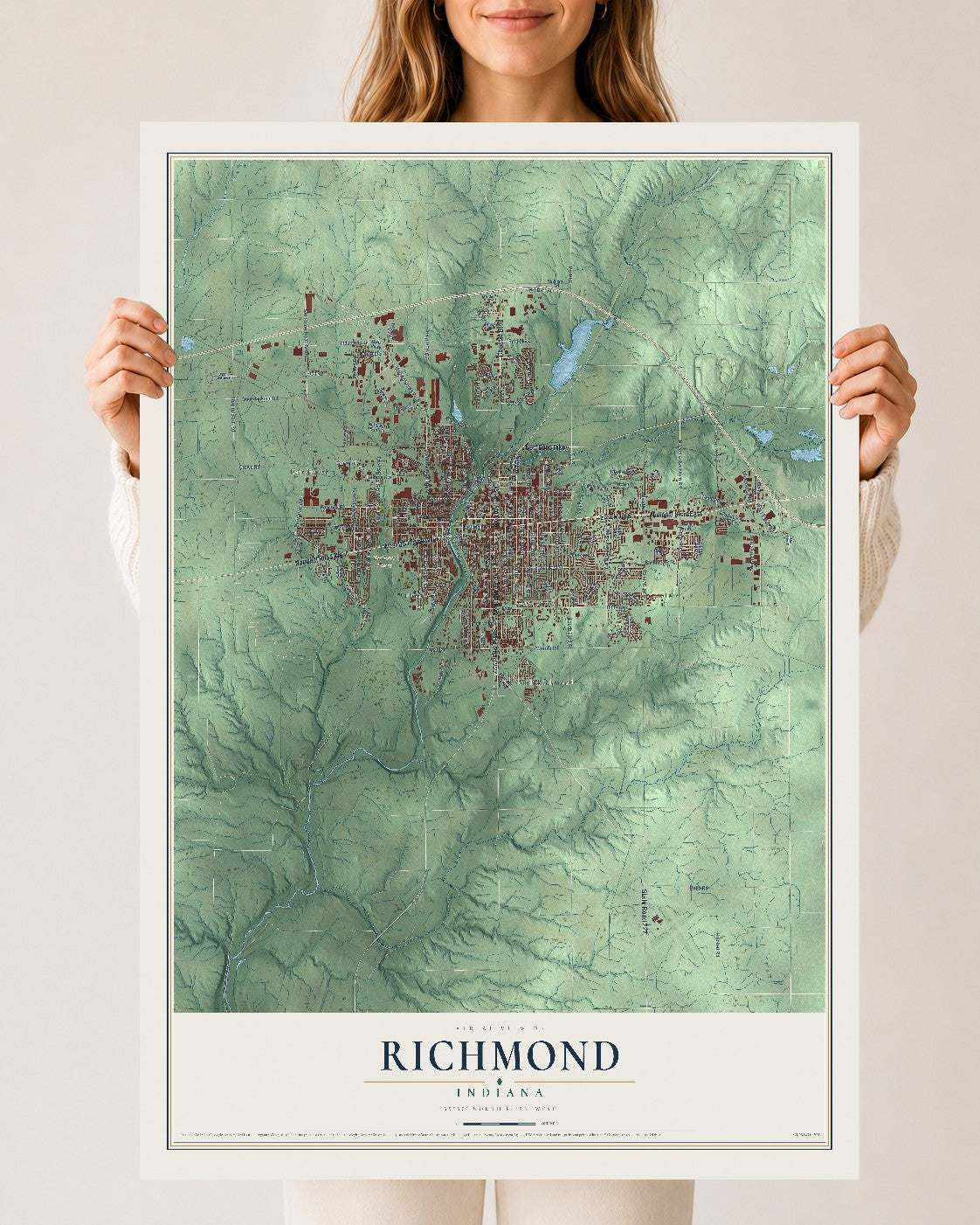 Map of Richmond, Indiana, 24 x 36 inch unframed archival matte print