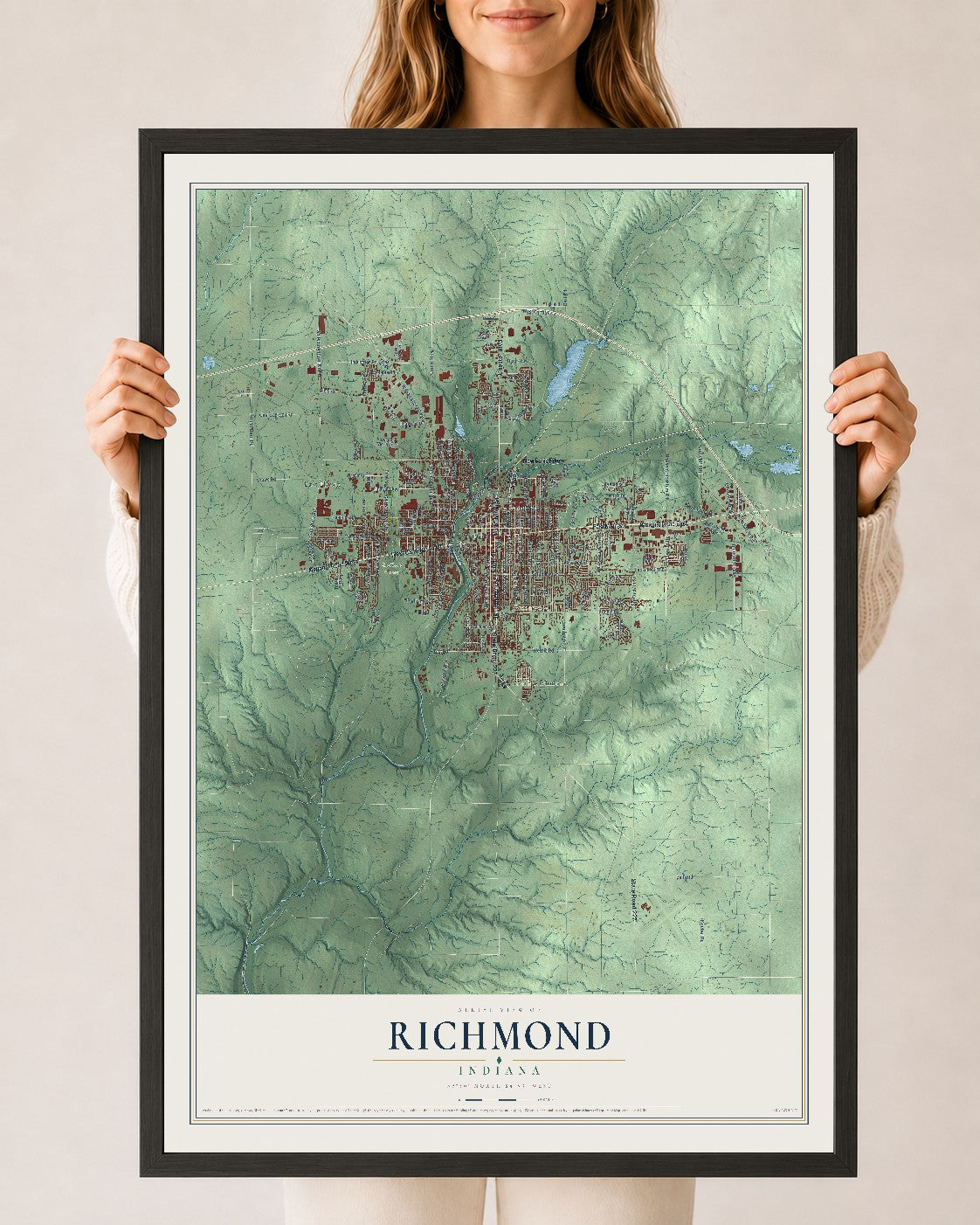 Map of Richmond, Indiana, 24 x 36 inch print in a black wood frame