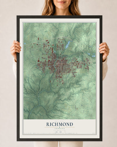 Map of Richmond, Indiana, 24 x 36 inch print in a black wood frame