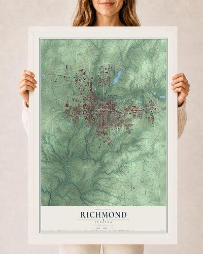 Map of Richmond, Indiana, 24 x 36 inch print in a white wood frame